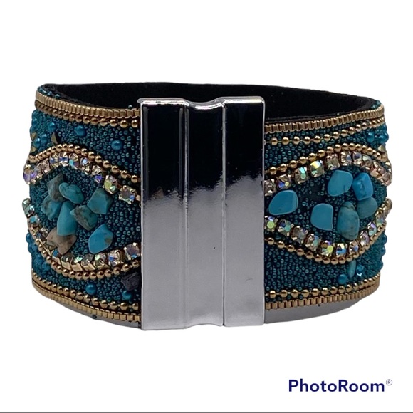 Turquoise & Gold Boho Cuff Bracelet w/ Multicolored Sparkling 18mm Ginger Snap! - Picture 4 of 16